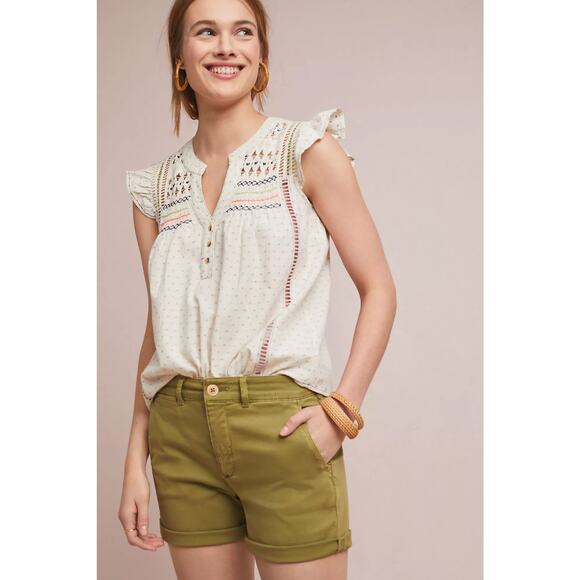 BY ANTHROPOLOGIE Mid-Rise Chino Shorts in "Holly" Light Olive Green Size 31 - Picture 1 of 8